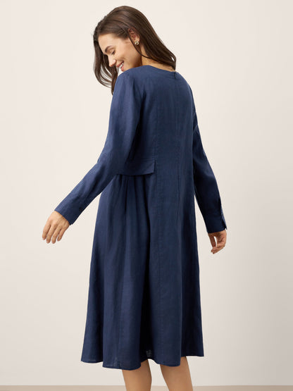 100% Linen Gathered Waist Flap Detail Midi Dress DIANA by LINTICO