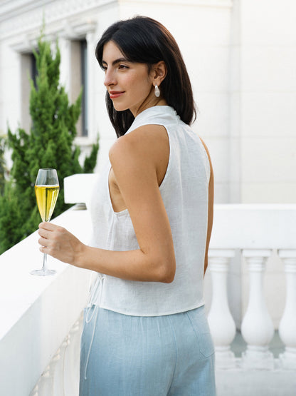 100% Linen Halter Neck Tie-Front Crop Top FAYE by LINTICO