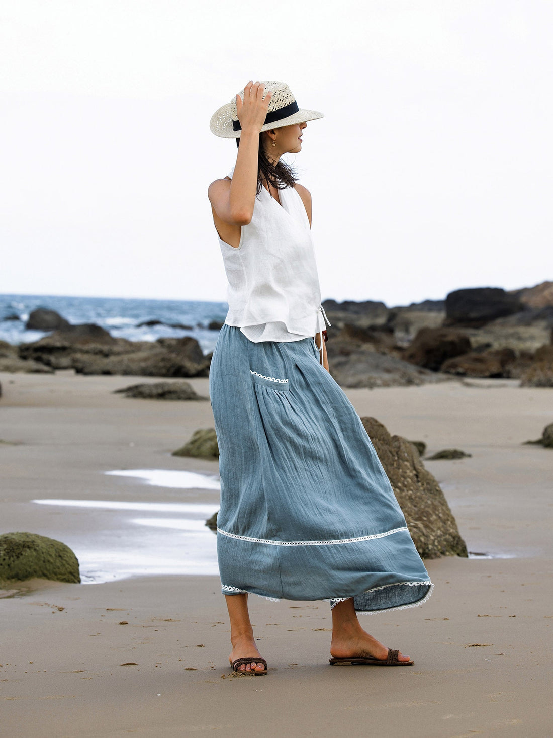 100% Linen Lace-Up Pocket Skirt FENLA by LINTICO