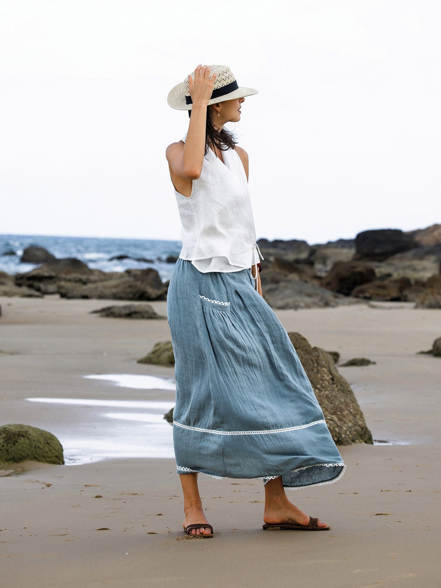 100% Linen Lace-Up Pocket Skirt FENLA by LINTICO