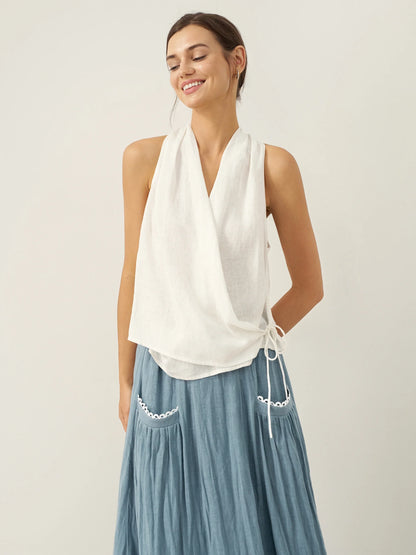 100% Linen Halter Neck Tie-Front Crop Top FAYE by LINTICO