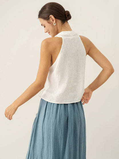 100% Linen Halter Neck Tie-Front Crop Top FAYE by LINTICO