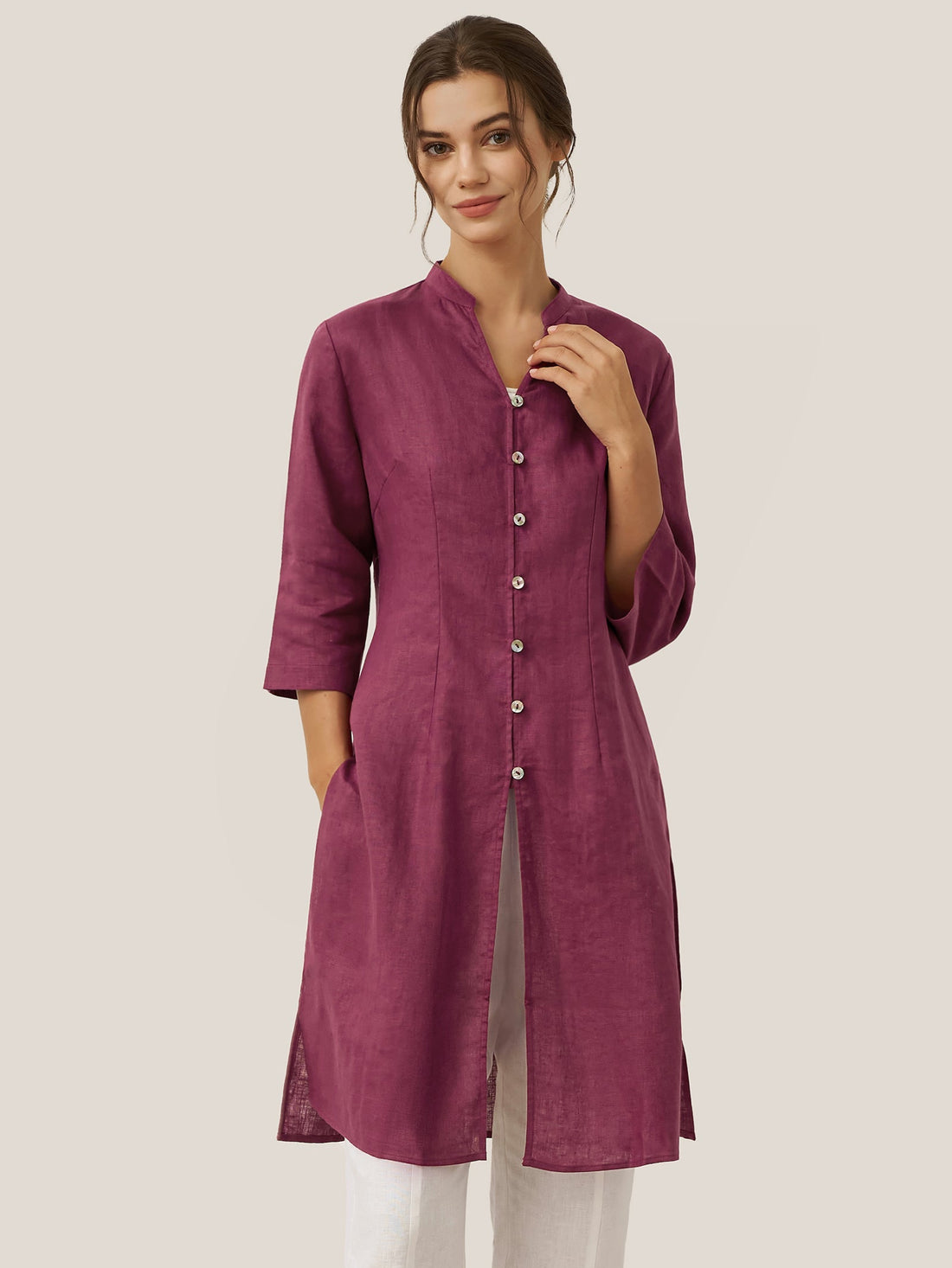 100% Linen Hand Button Long Top DILLON 