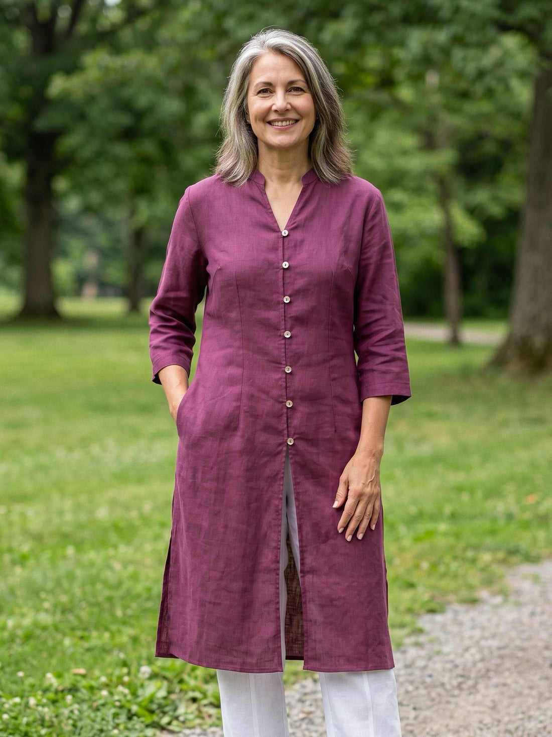 100% Linen Hand Button Long Top DILLON 