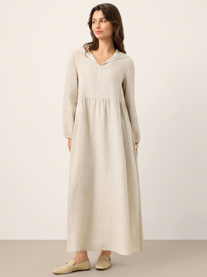 100% Linen Sculpted-Hood Caftan Midi Dress LINETTE by LINTICO