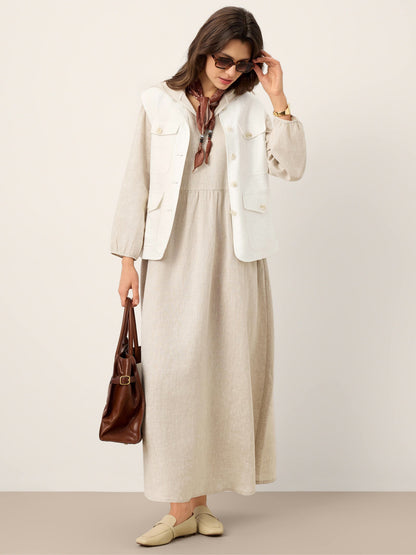 100% Linen Sculpted-Hood Caftan Midi Dress LINETTE by LINTICO