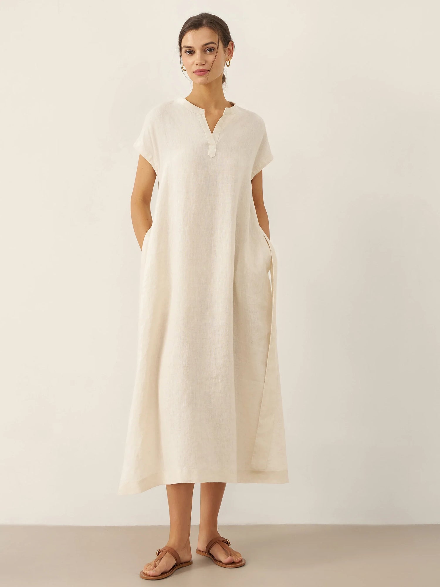 100% Linen Mandarin Collar Maxi Dress with Detachable Belt MARGARET by LINTICO