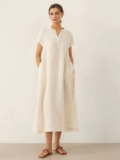 100% Linen Mandarin Collar Maxi Dress with Detachable Belt MARGARET by LINTICO