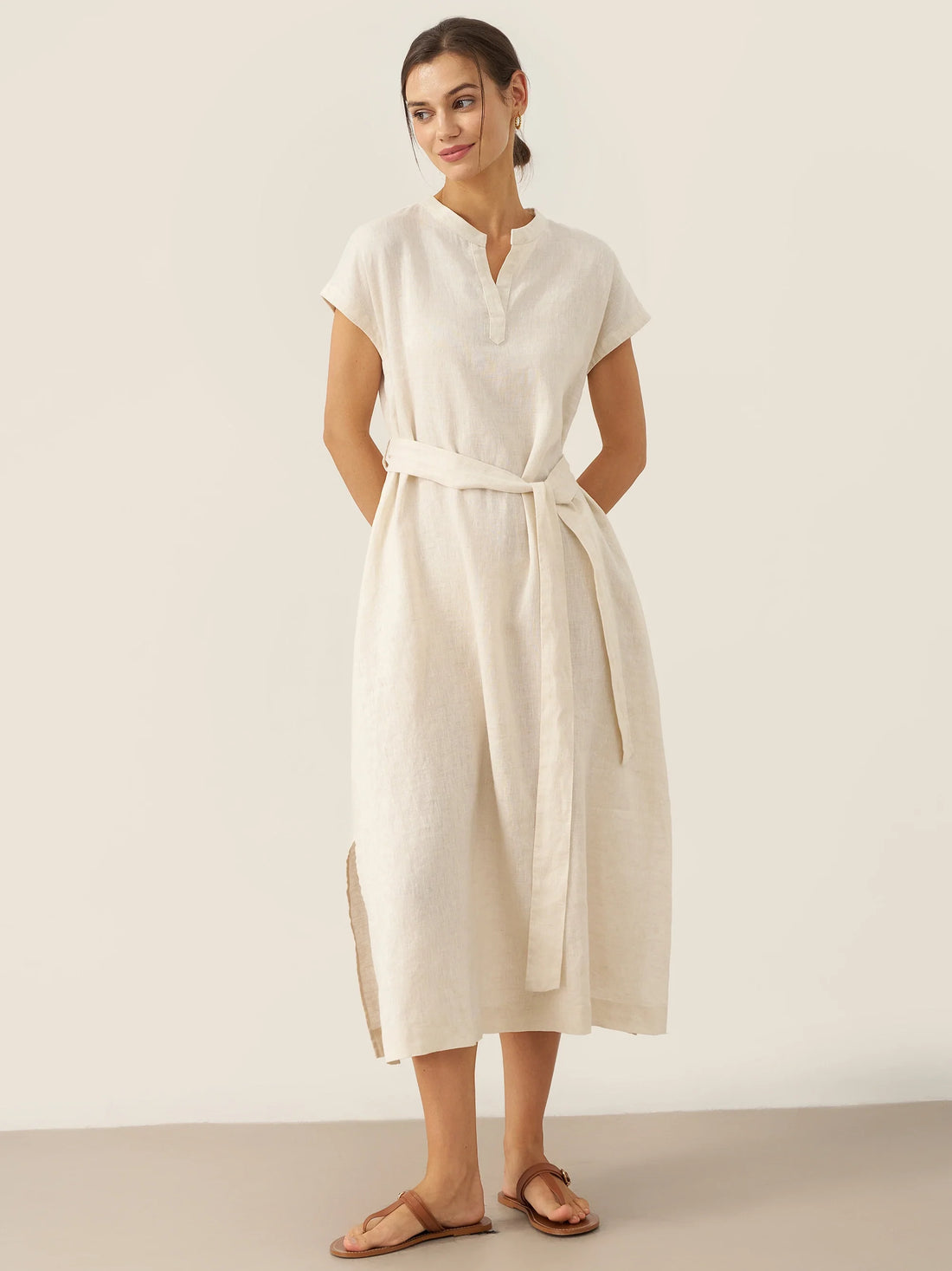 100% Linen Mandarin Collar Maxi Dress with Detachable Belt MARGARET by LINTICO