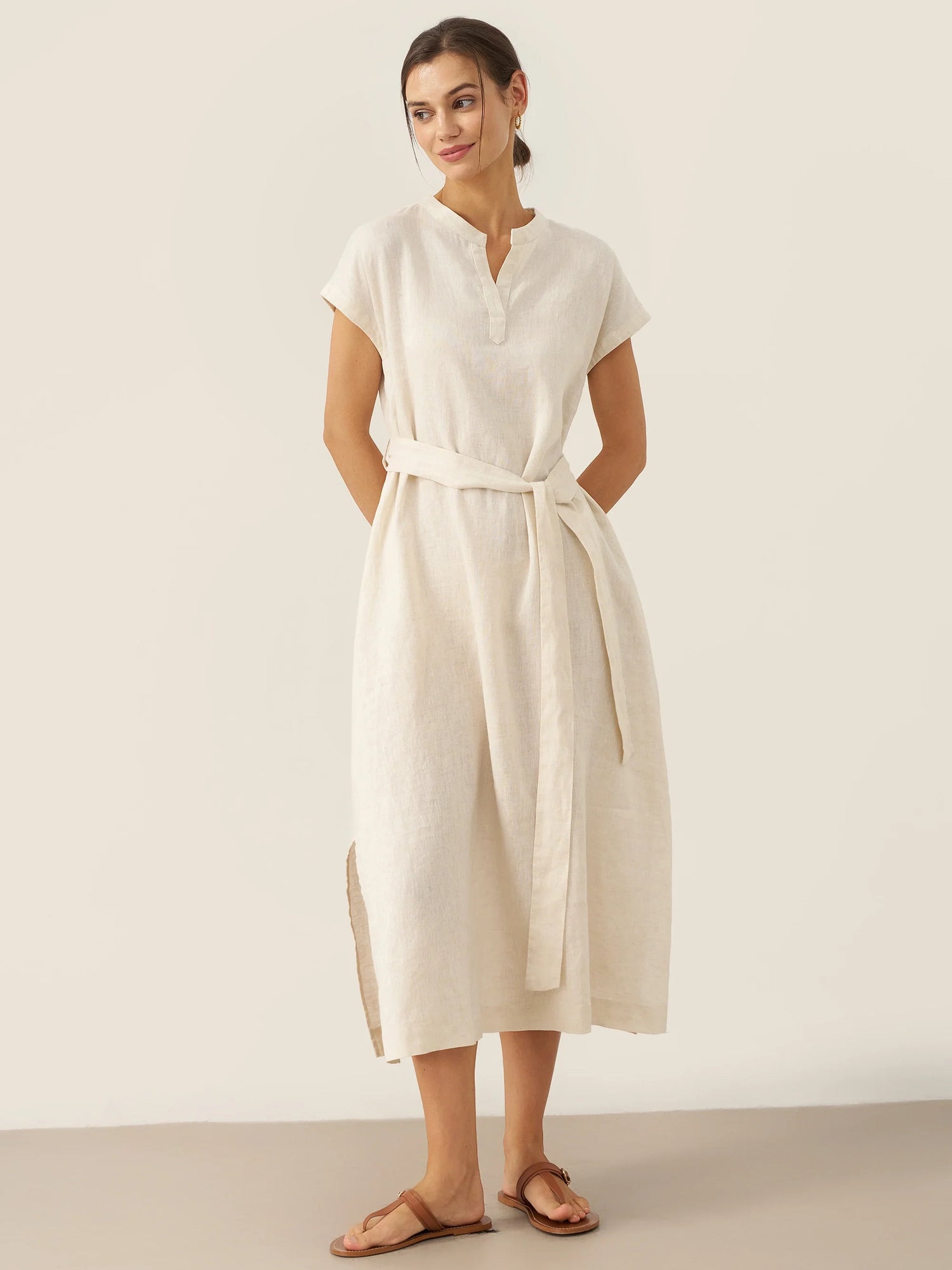 100% Linen Mandarin Collar Maxi Dress with Detachable Belt MARGARET by LINTICO