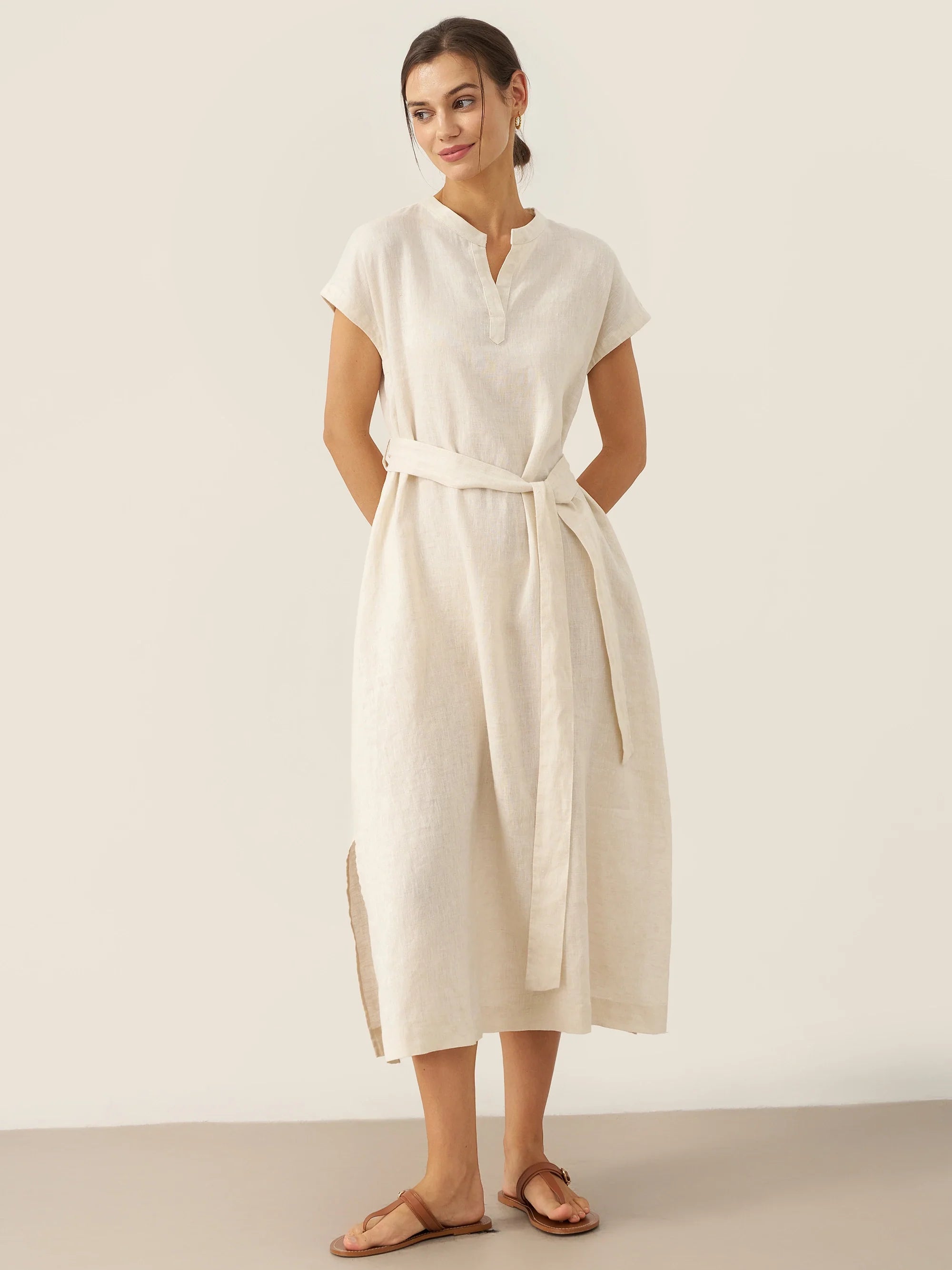 100% Linen Mandarin Collar Maxi Dress with Detachable Belt MARGARET by LINTICO