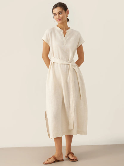 100% Linen Mandarin Collar Maxi Dress with Detachable Belt MARGARET by LINTICO