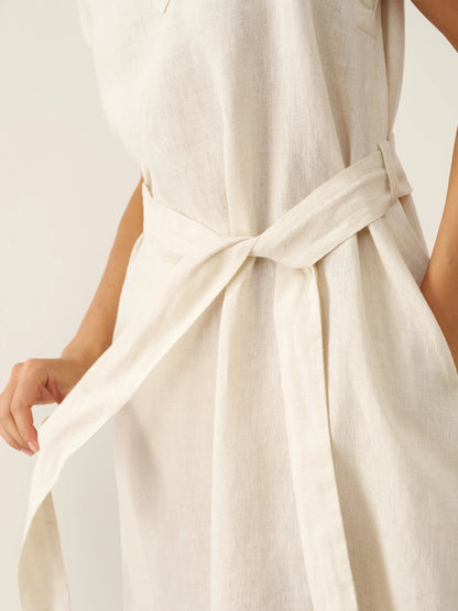 100% Linen Mandarin Collar Maxi Dress with Detachable Belt MARGARET by LINTICO