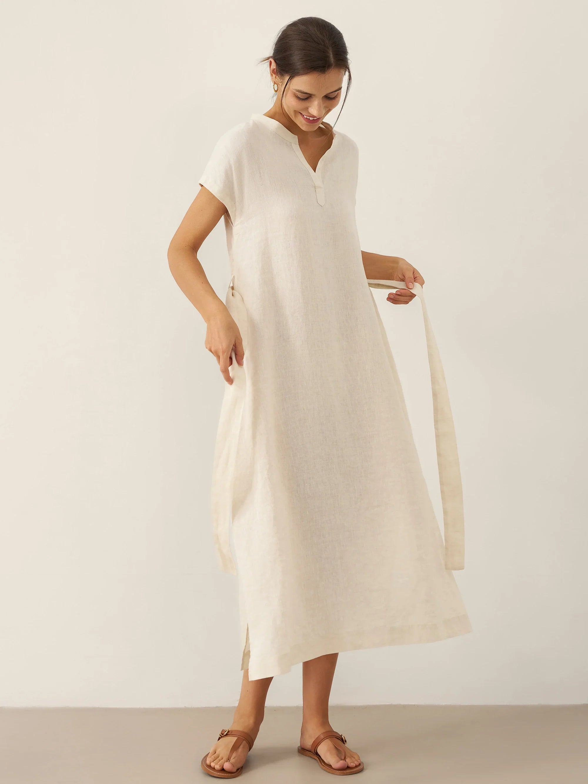 100% Linen Mandarin Collar Maxi Dress with Detachable Belt MARGARET by LINTICO