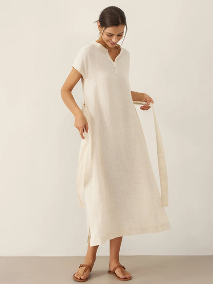 100% Linen Mandarin Collar Maxi Dress with Detachable Belt MARGARET by LINTICO
