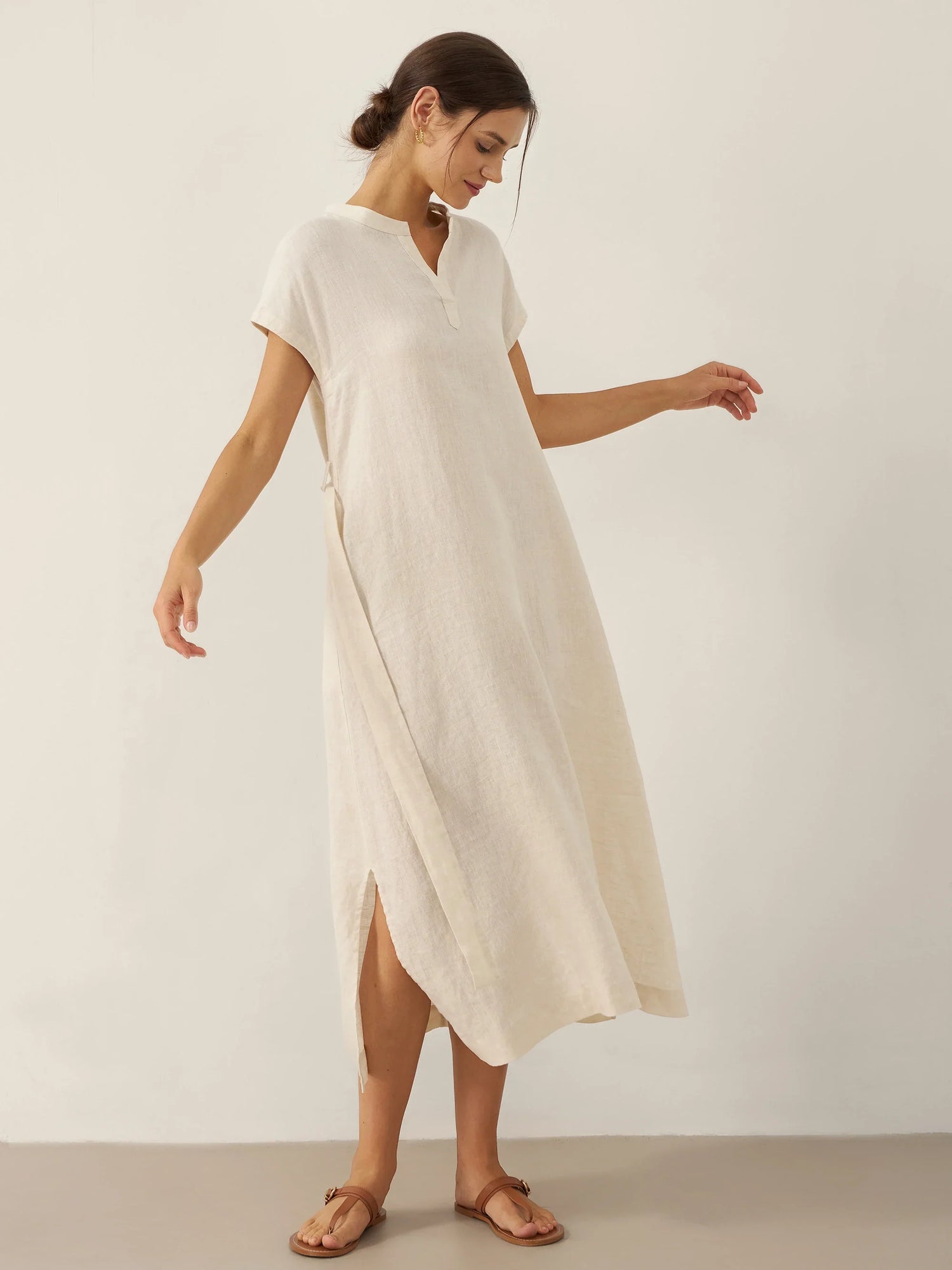 100% Linen Mandarin Collar Maxi Dress with Detachable Belt MARGARET by LINTICO