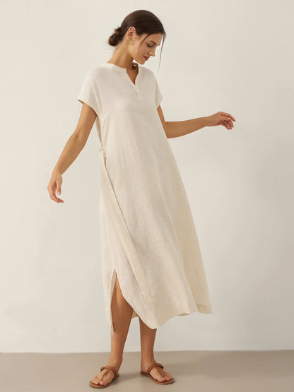 100% Linen Mandarin Collar Maxi Dress with Detachable Belt MARGARET by LINTICO