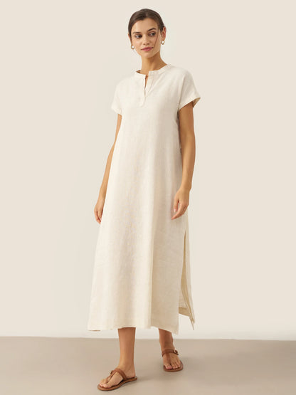 100% Linen Mandarin Collar Maxi Dress with Detachable Belt MARGARET by LINTICO