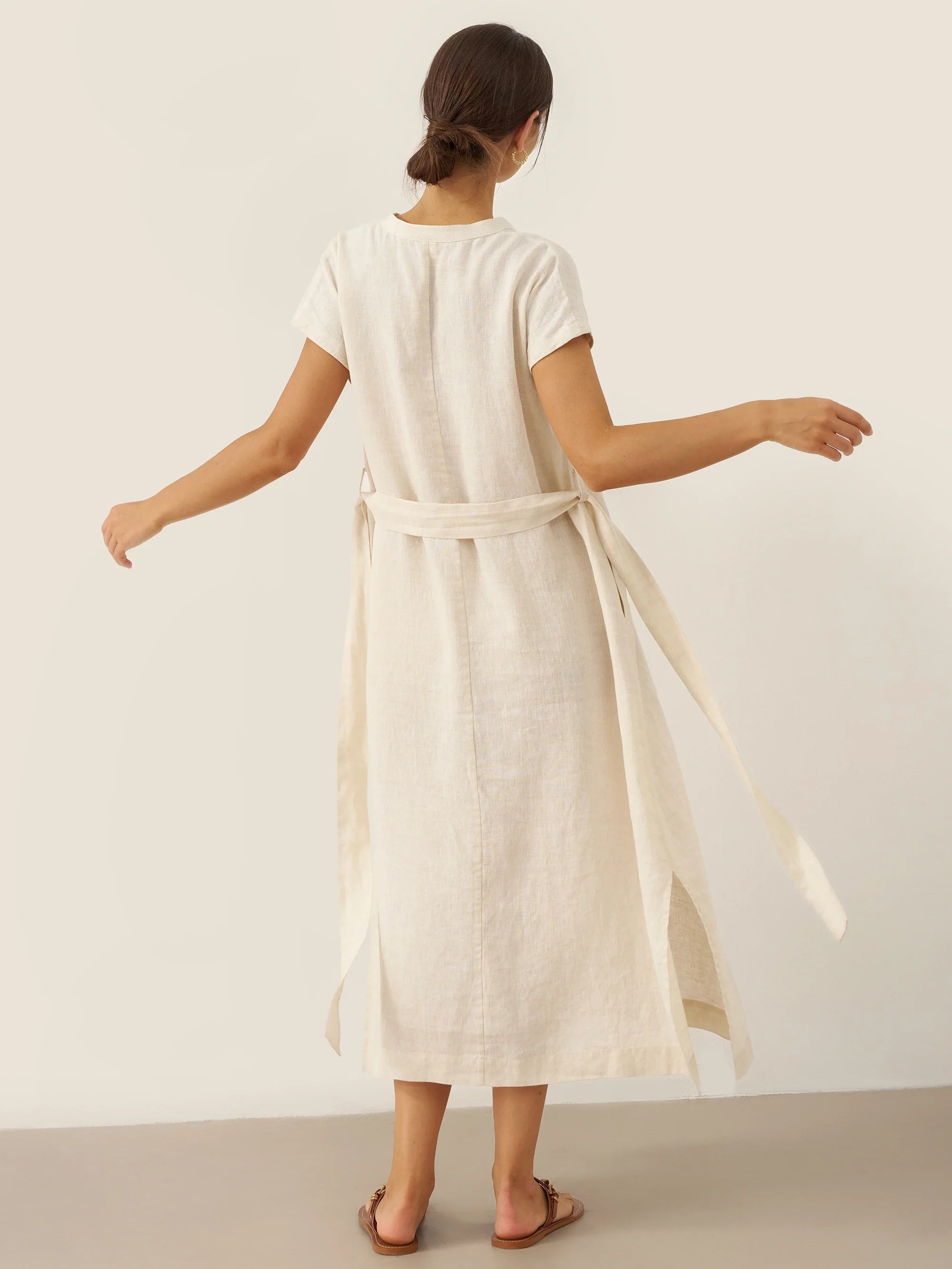 100% Linen Mandarin Collar Maxi Dress with Detachable Belt MARGARET by LINTICO