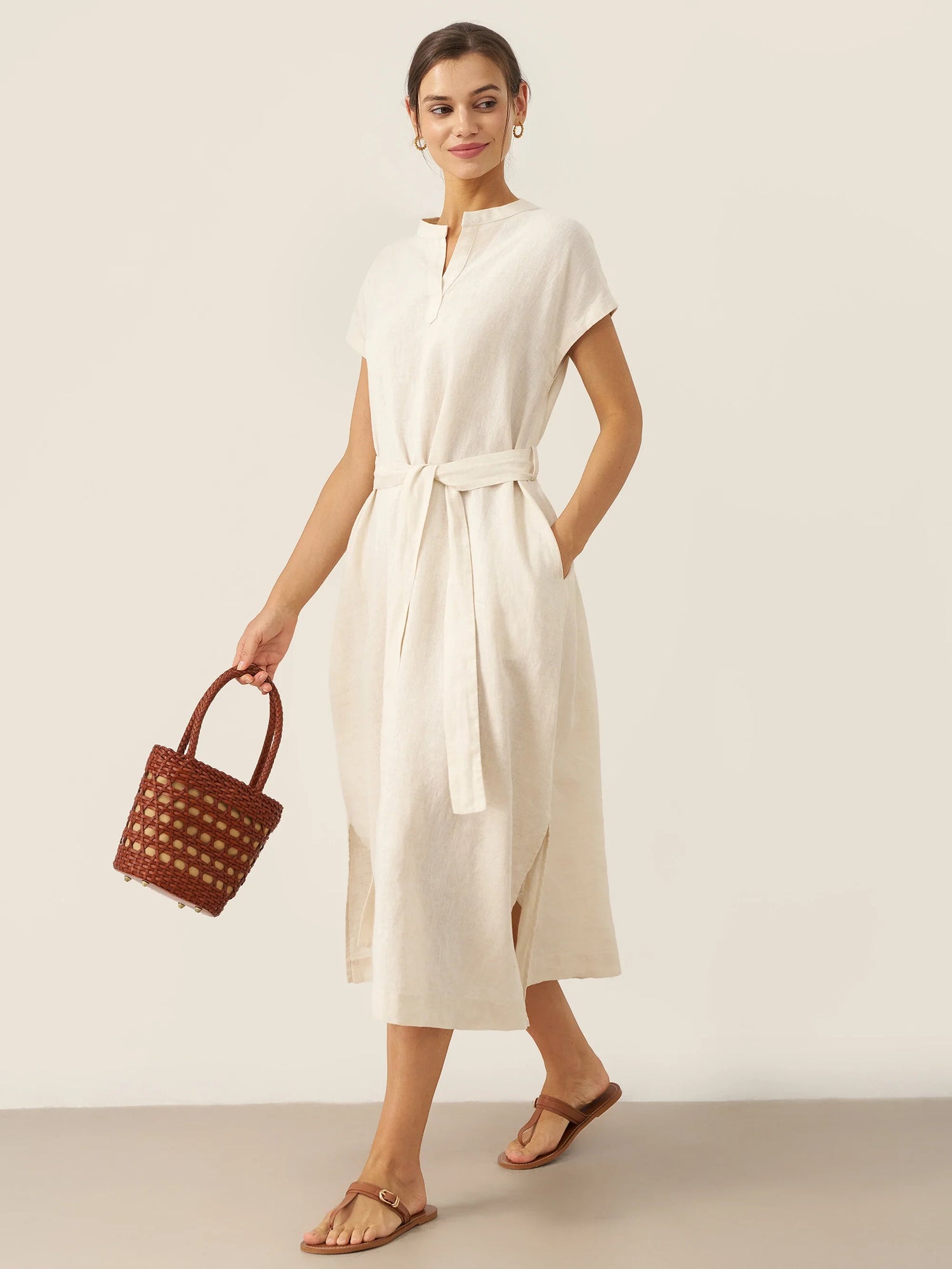100% Linen Mandarin Collar Maxi Dress with Detachable Belt MARGARET by LINTICO