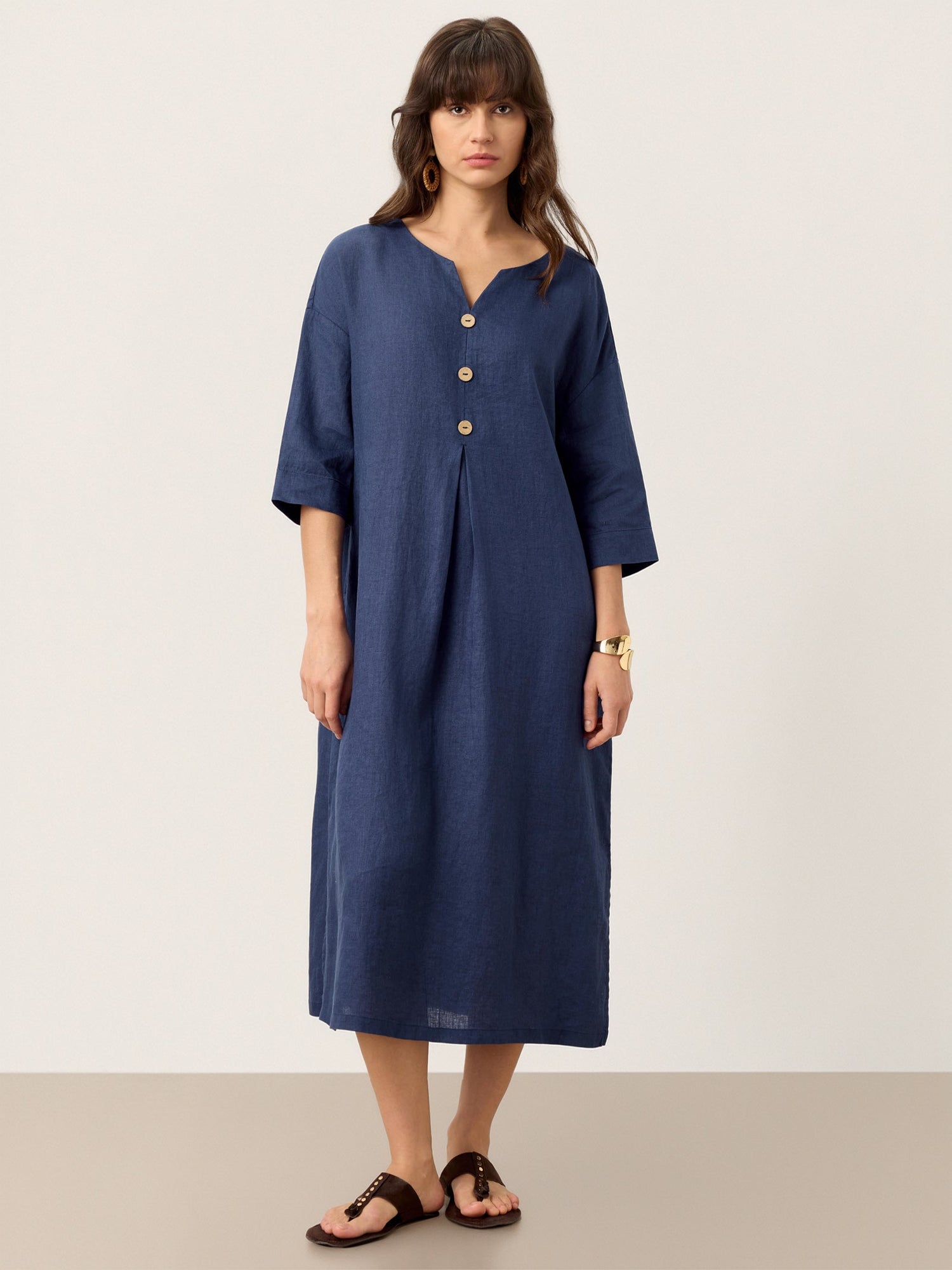 100% Linen Notch Neck Inverted Pleat Midi Dress MATILDE by LINTICO