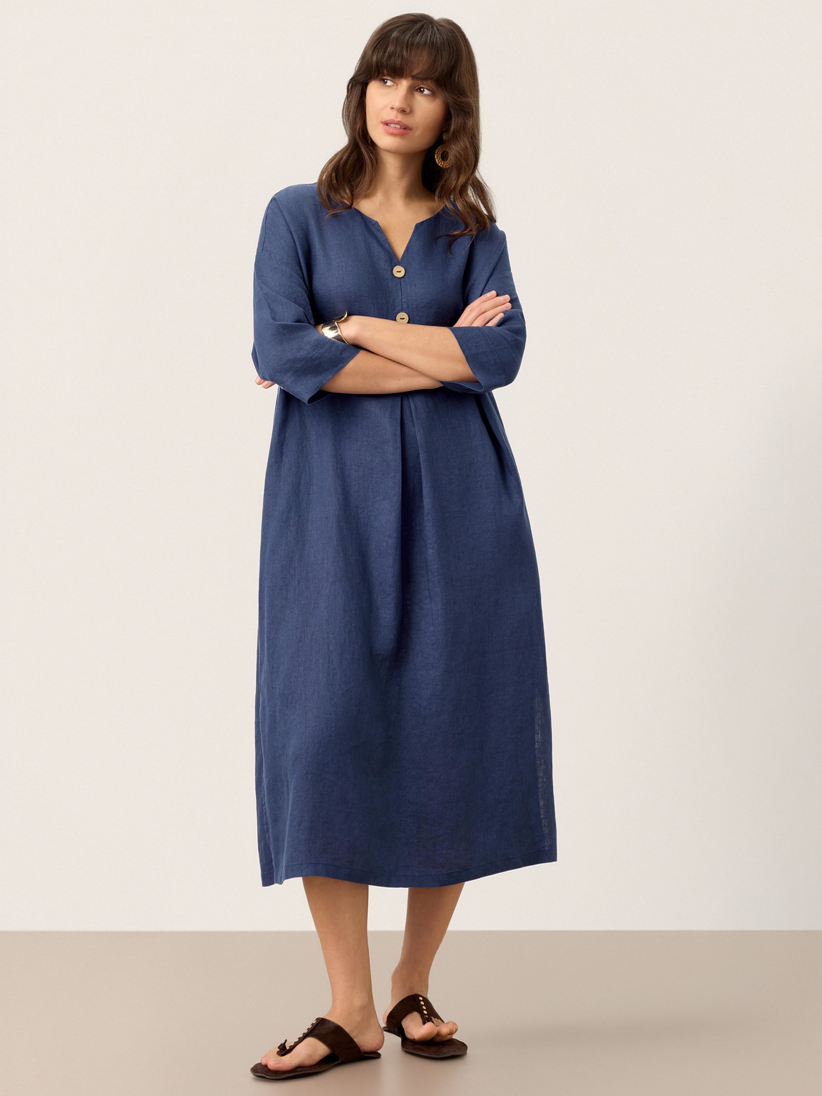 100% Linen Notch Neck Inverted Pleat Midi Dress MATILDE by LINTICO