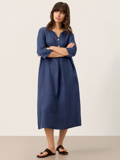 100% Linen Notch Neck Inverted Pleat Midi Dress MATILDE by LINTICO