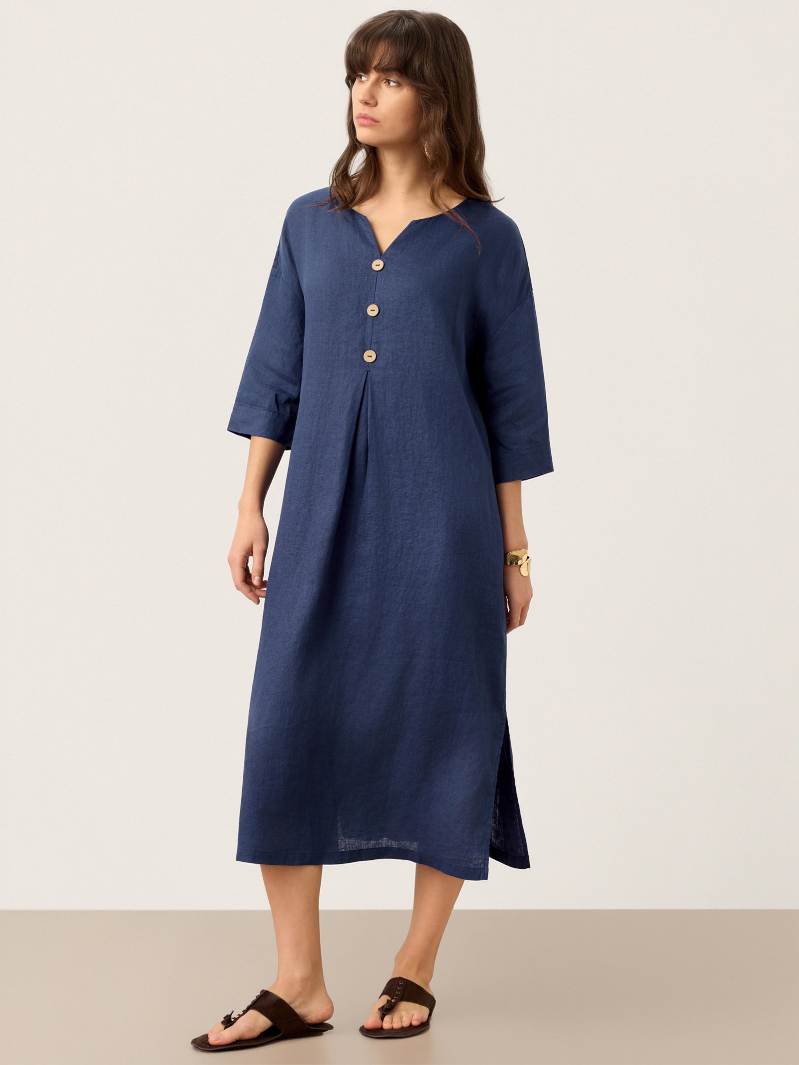 100% Linen Notch Neck Inverted Pleat Midi Dress MATILDE by LINTICO