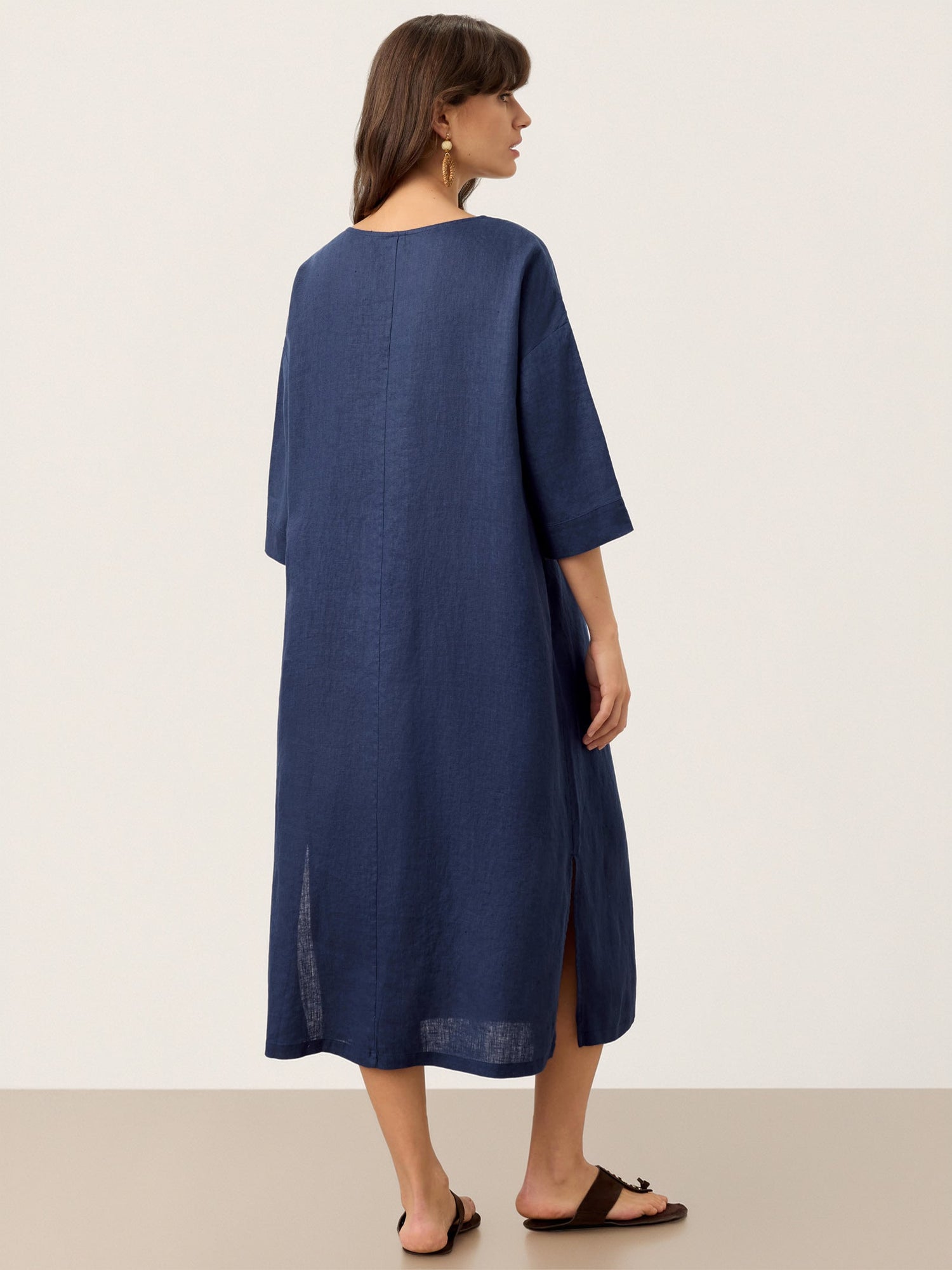 100% Linen Notch Neck Inverted Pleat Midi Dress MATILDE by LINTICO