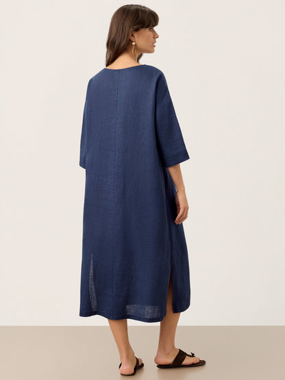 100% Linen Notch Neck Inverted Pleat Midi Dress MATILDE by LINTICO