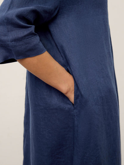 100% Linen Notch Neck Inverted Pleat Midi Dress MATILDE by LINTICO