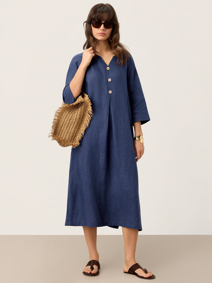 100% Linen Notch Neck Inverted Pleat Midi Dress MATILDE by LINTICO
