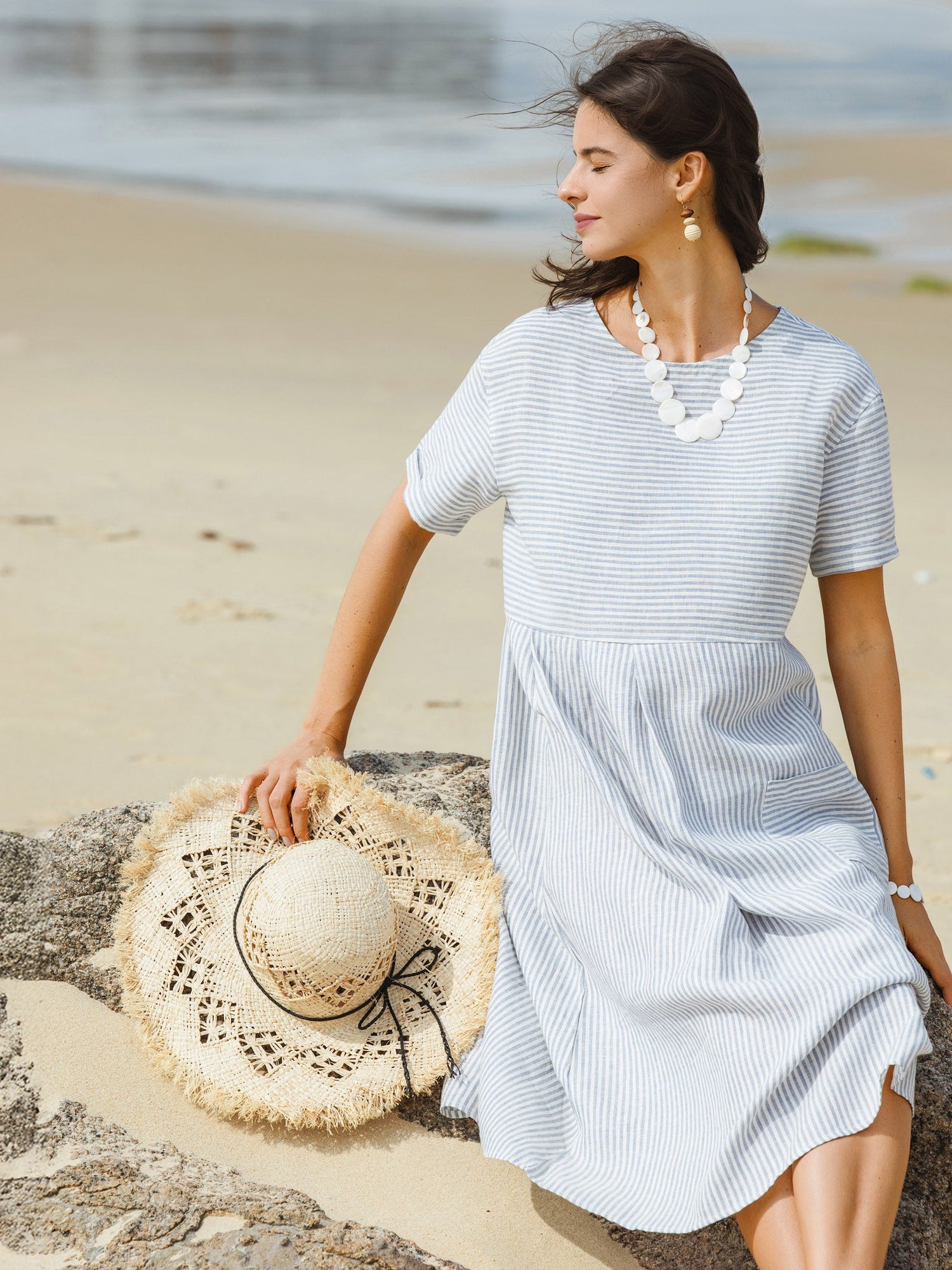 100% Linen Pinstripe Paneled Short-Sleeved Dress MORGAN by LINTICO