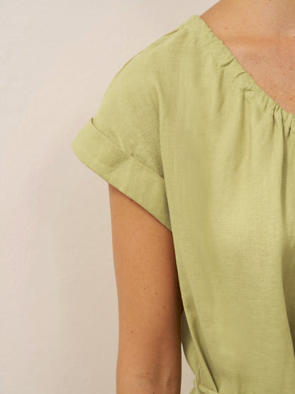 100% Linen Pleated Crew Neck Maxi Dress with Detachable Tie Straps MIRA by LINTICO