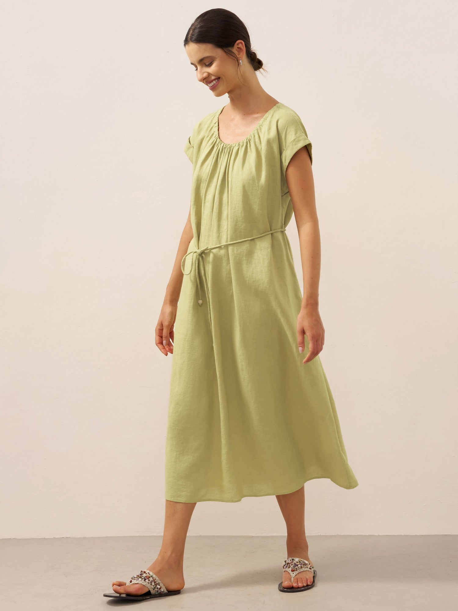 100% Linen Pleated Crew Neck Maxi Dress with Detachable Tie Straps MIRA by LINTICO