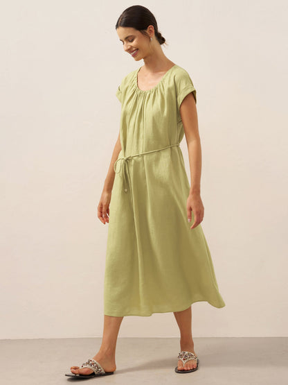 100% Linen Pleated Crew Neck Maxi Dress with Detachable Tie Straps MIRA by LINTICO