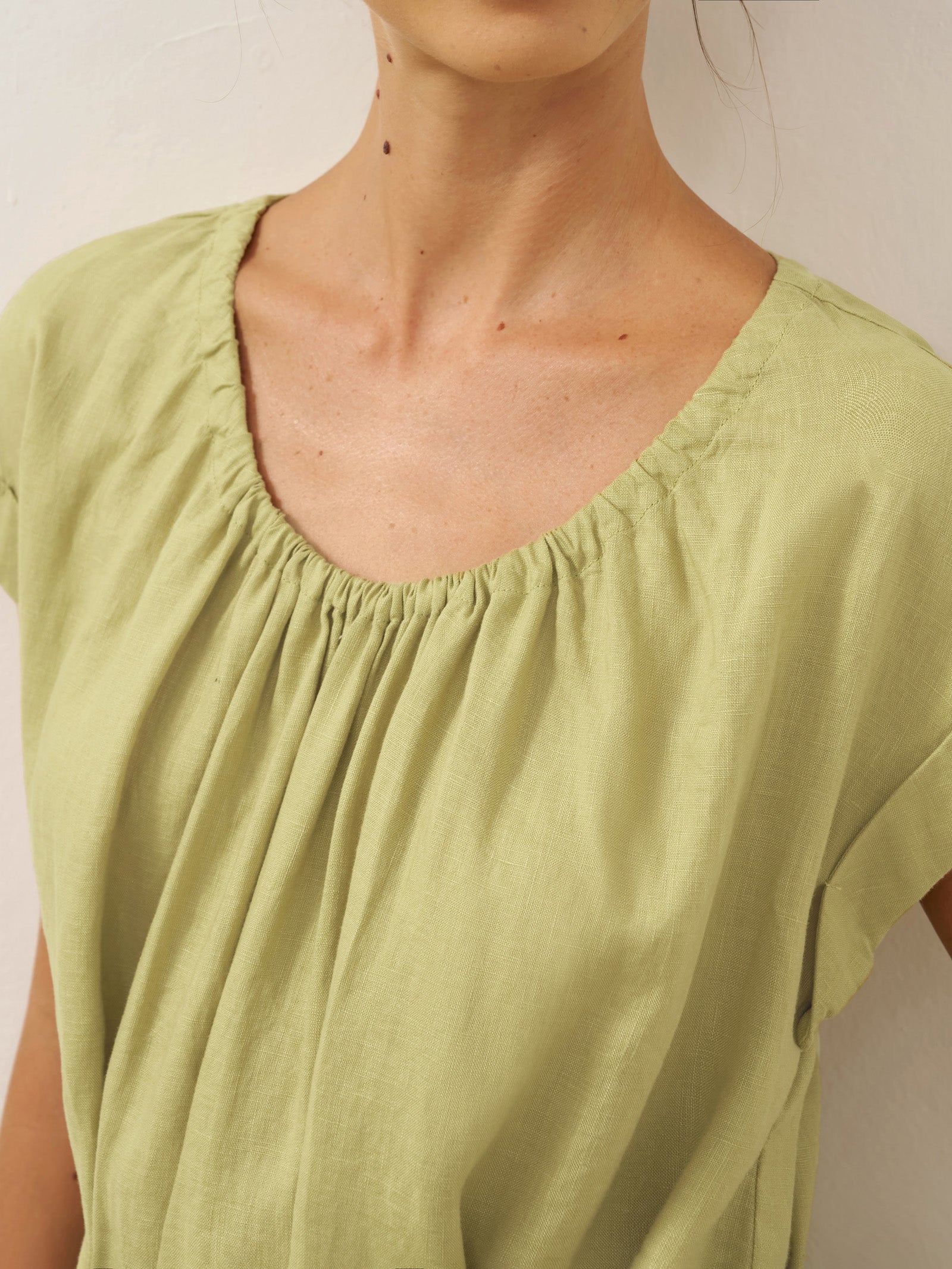 100% Linen Pleated Crew Neck Maxi Dress with Detachable Tie Straps MIRA by LINTICO