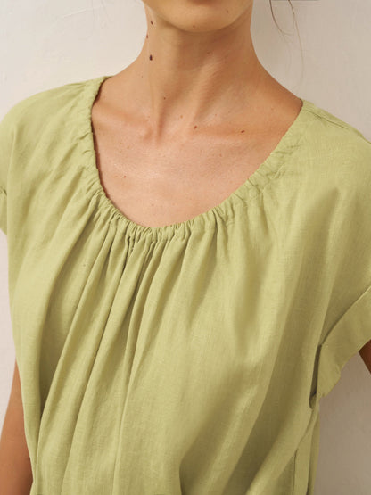100% Linen Pleated Crew Neck Maxi Dress with Detachable Tie Straps MIRA by LINTICO