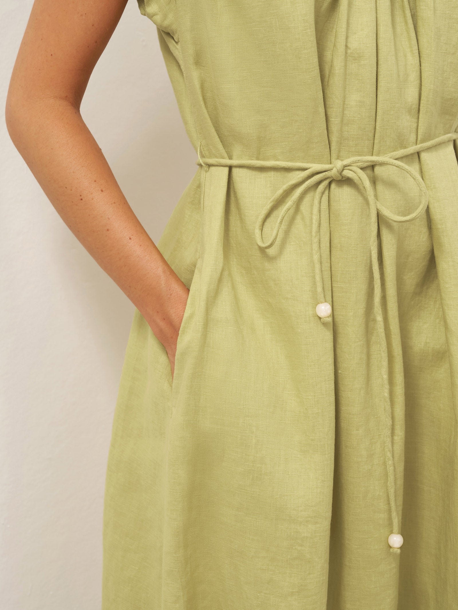 100% Linen Pleated Crew Neck Maxi Dress with Detachable Tie Straps MIRA by LINTICO