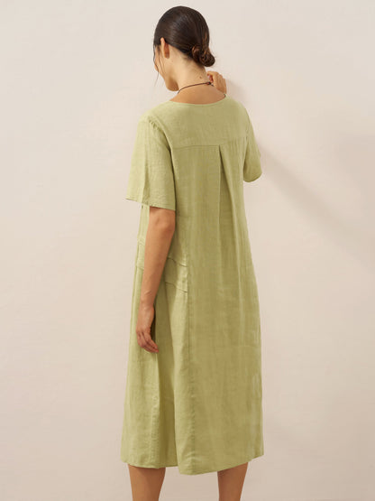 100% Linen Pleated Crew Neck Midi Dress MILA by LINTICO