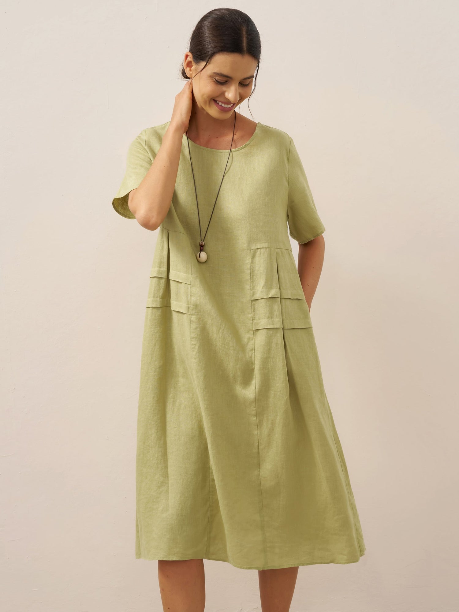 100% Linen Pleated Crew Neck Midi Dress MILA by LINTICO