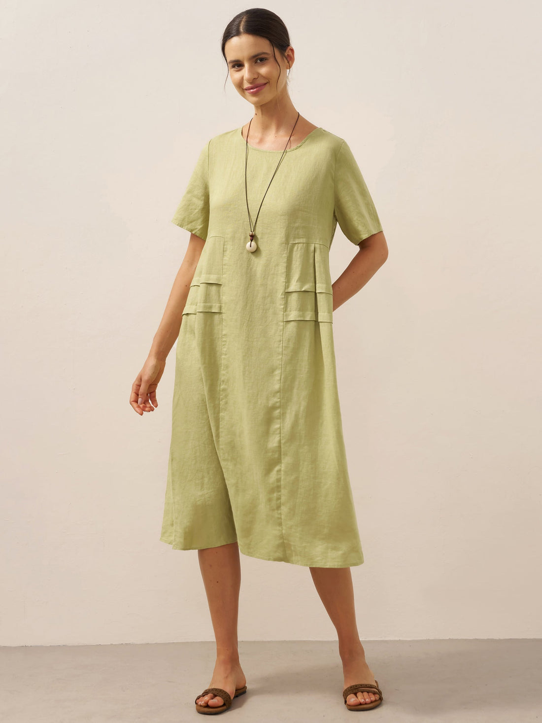 100% Linen Pleated Crew Neck Midi Dress MILA by LINTICO