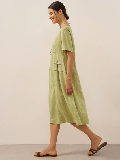 100% Linen Pleated Crew Neck Midi Dress MILA by LINTICO