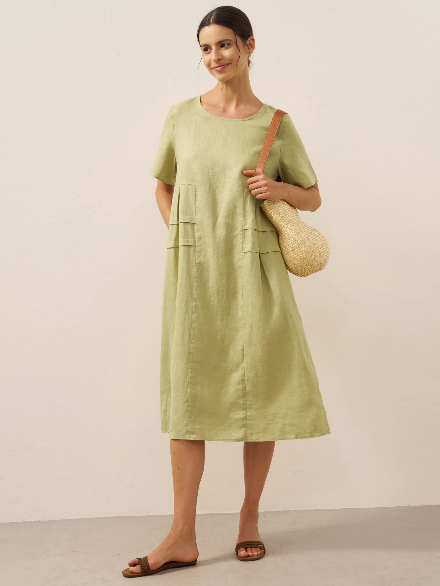 100% Linen Pleated Crew Neck Midi Dress MILA by LINTICO