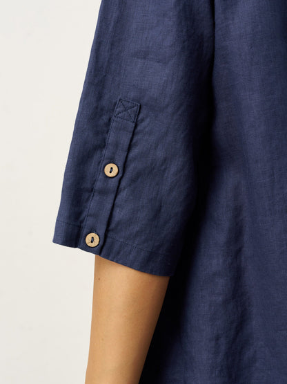100% Linen Relaxed Back Button Top with Tab Sleeves SYLVANA by LINTICO