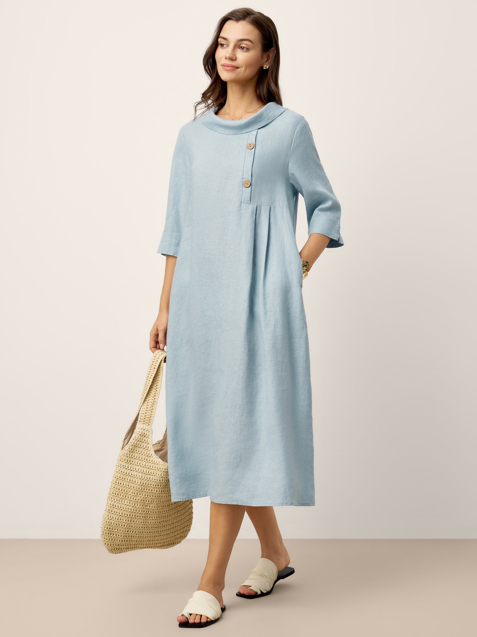 100% Linen Rolled Collar Asymmetric Button Maxi Dress ELARAINE by LINTICO