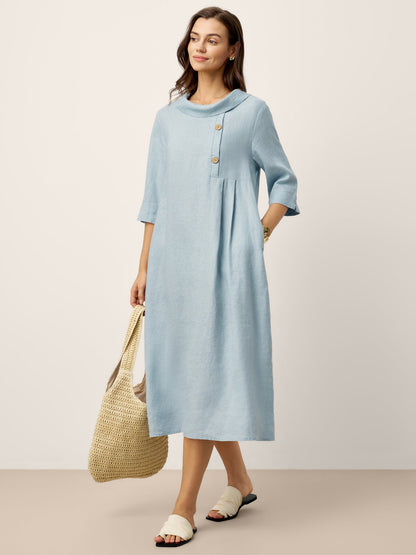 100% Linen Rolled Collar Asymmetric Button Maxi Dress ELARAINE by LINTICO