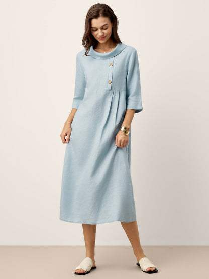 100% Linen Rolled Collar Asymmetric Button Maxi Dress ELARAINE by LINTICO