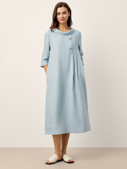 100% Linen Rolled Collar Asymmetric Button Maxi Dress ELARAINE by LINTICO