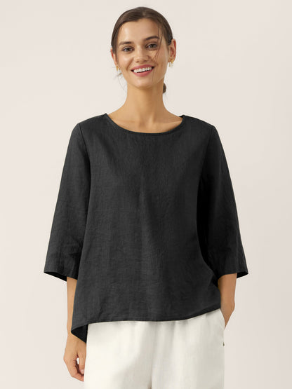 100% Linen Round Neck Asymmetrical Hem Top BRIANNA by LINTICO